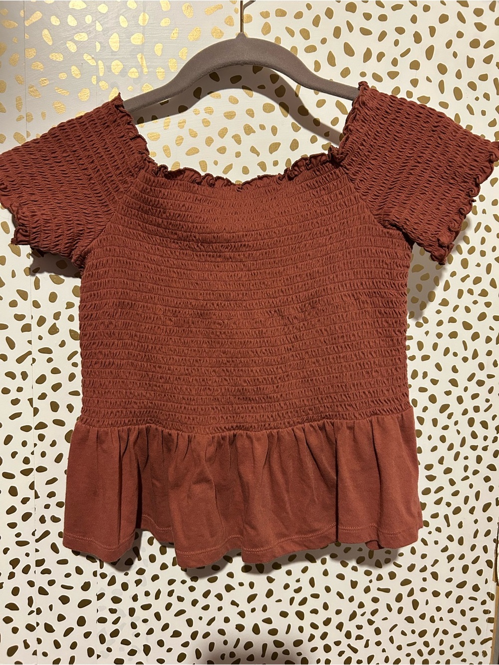 American Eagle Smocked Short Sleeve Peplum Top - Rust